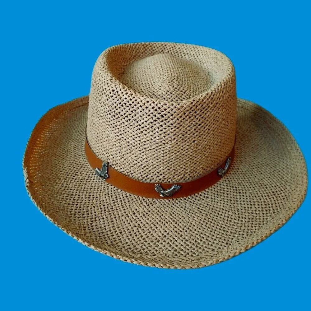Coastal Cowgirl Hat Belt Sliver Eagle Details Summer Straw Head Diameter Size 22 - Picture 13 of 13